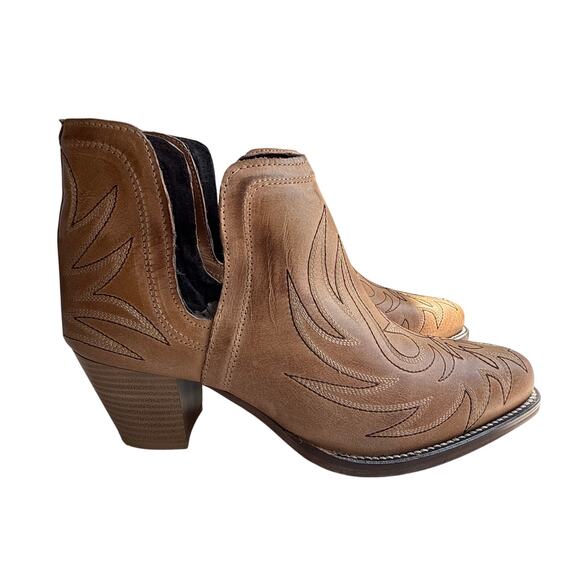 Roper Rowdy Booties Womens 8 Tan Leather Snip Toe Black Embroidery Ankle Cut Out - Picture 2 of 11